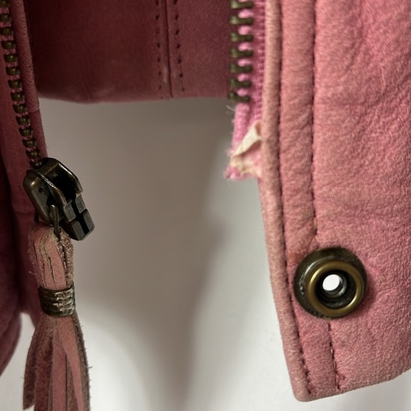 Maggie Lawrence pink leather zip/snap close fox fur trim bomber jacket Sz M PINK - Picture 12 of 13